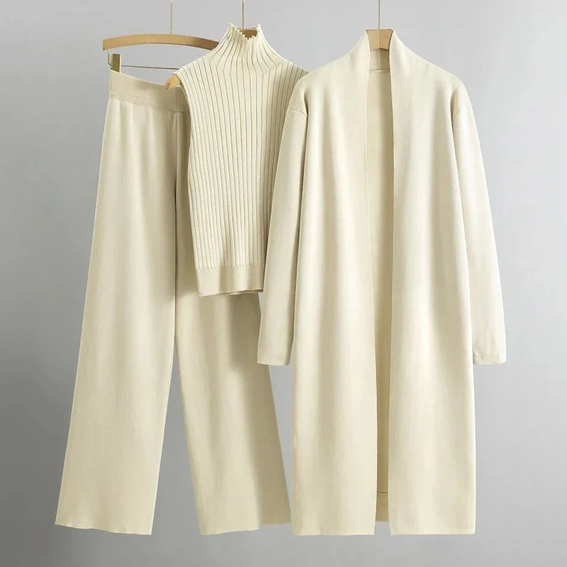 Women’s 3-Piece Set – Ribbed Knit – Relaxed Fit – Open Front – Full-Length Sleeves