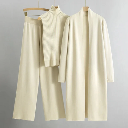 Women’s 3-Piece Set – Ribbed Knit – Relaxed Fit – Open Front – Full-Length Sleeves