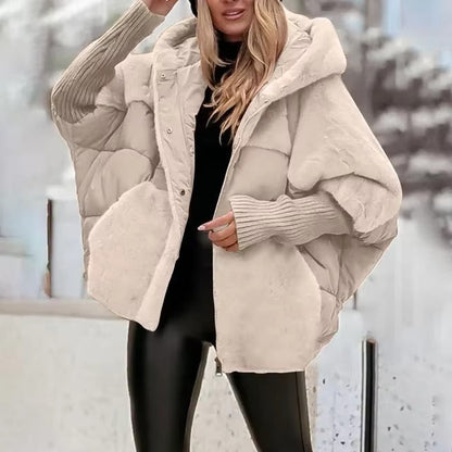 Women’s Puffer Jacket – Oversized Fit – Hooded Quilted Design – Button Front – Ribbed Cuffs