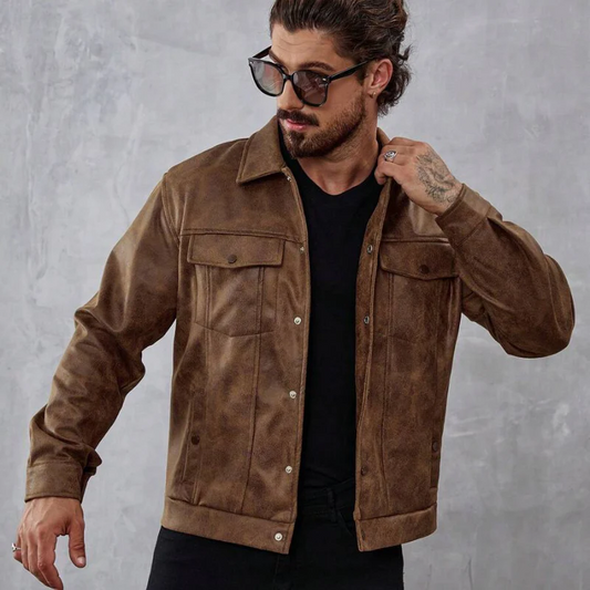 Men’s Leather Jacket – Classic Fit – Distressed Texture – Snap Button – Multi-Pocket