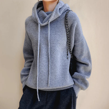Women’s Pullover Sweater – Relaxed Fit – Cowl Neck with Drawstrings – Ribbed Trim