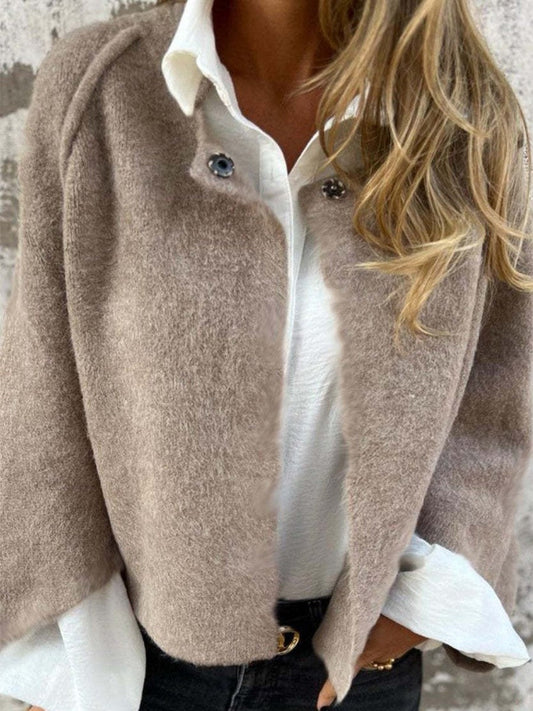 Women’s Coat – Relaxed Fit – Soft Wool Knit – Round Neck – Long Sleeve – Button Front
