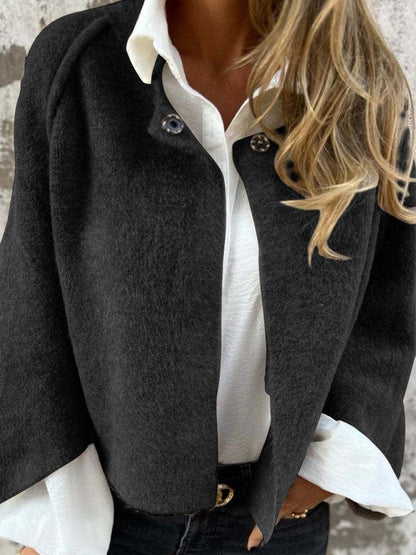 Women’s Coat – Relaxed Fit – Soft Wool Knit – Round Neck – Long Sleeve – Button Front