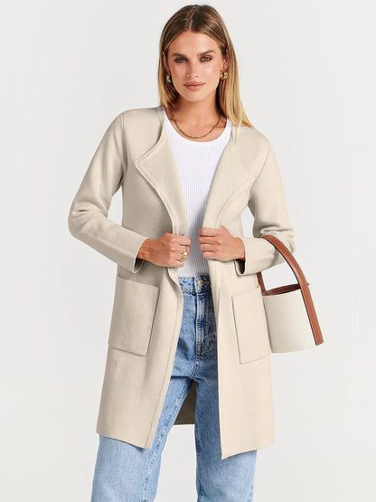 Women’s Knee-Length Coat – Wool Blend – Relaxed Fit – Open Front – Wide Lapel