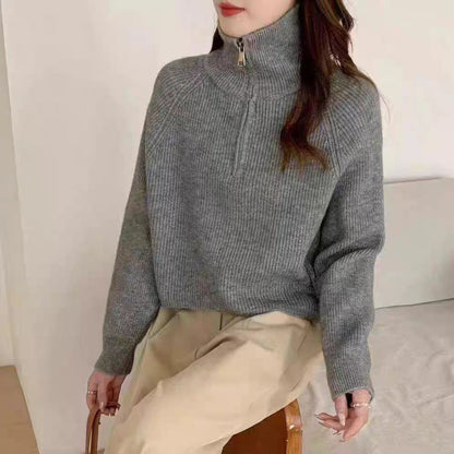 Women’s Pullover Sweatshirts – Wool – Relaxed Fit – High Zip Collar – Ribbed Trim