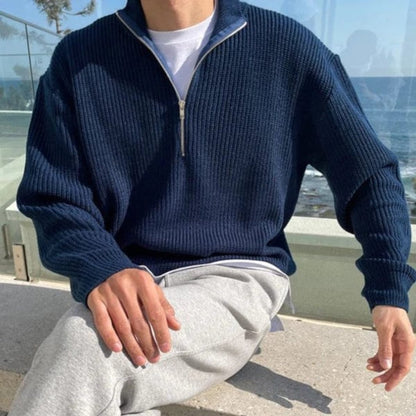 Men’s Half Zip Sweater – Wool Blend – Relaxed Fit – Ribbed Knit – Mock Neck