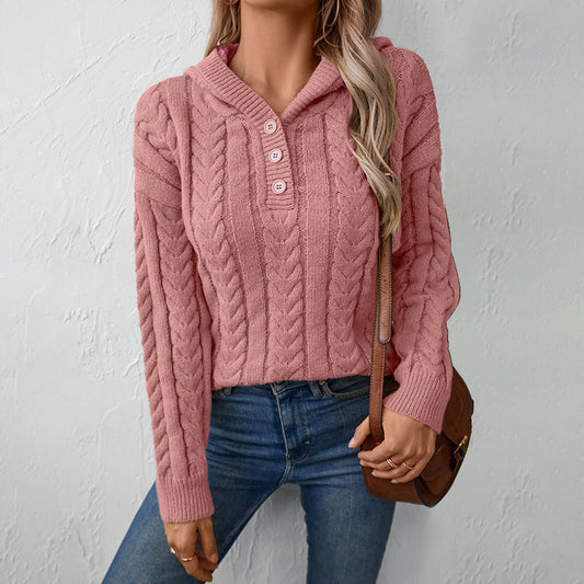 Women’s Knitted Top – Relaxed Fit – Cable Knit – Henley Placket – Long Sleeve