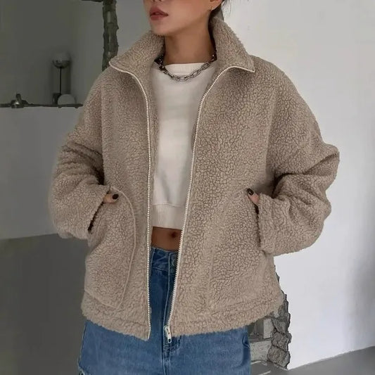 Women’s Jacket – Oversized Sherpa Fleece – Relaxed Fit – Zipper Front – Stand Collar