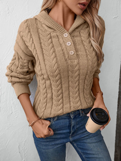 Women’s Knitted Top – Relaxed Fit – Cable Knit – Henley Placket – Long Sleeve