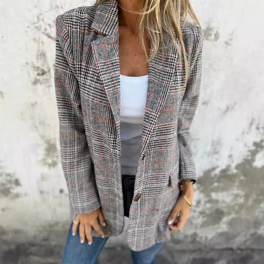 Women’s Blazer Jacket – Relaxed Fit – Wool Blend – Notched Lapel – Mid-Thigh Length