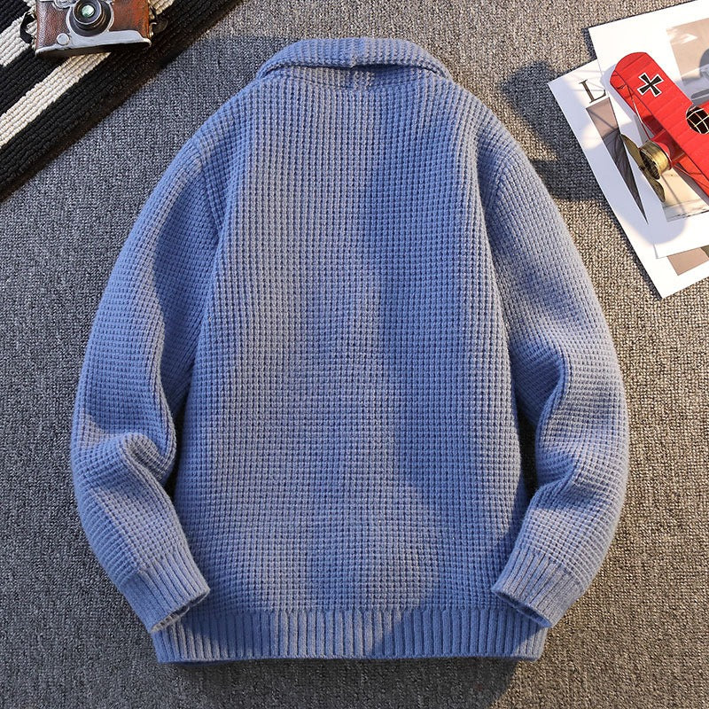 Men’s Cardigan – Relaxed Fit – Waffle Knit – Shawl Collar – Button Front – Patch Pockets