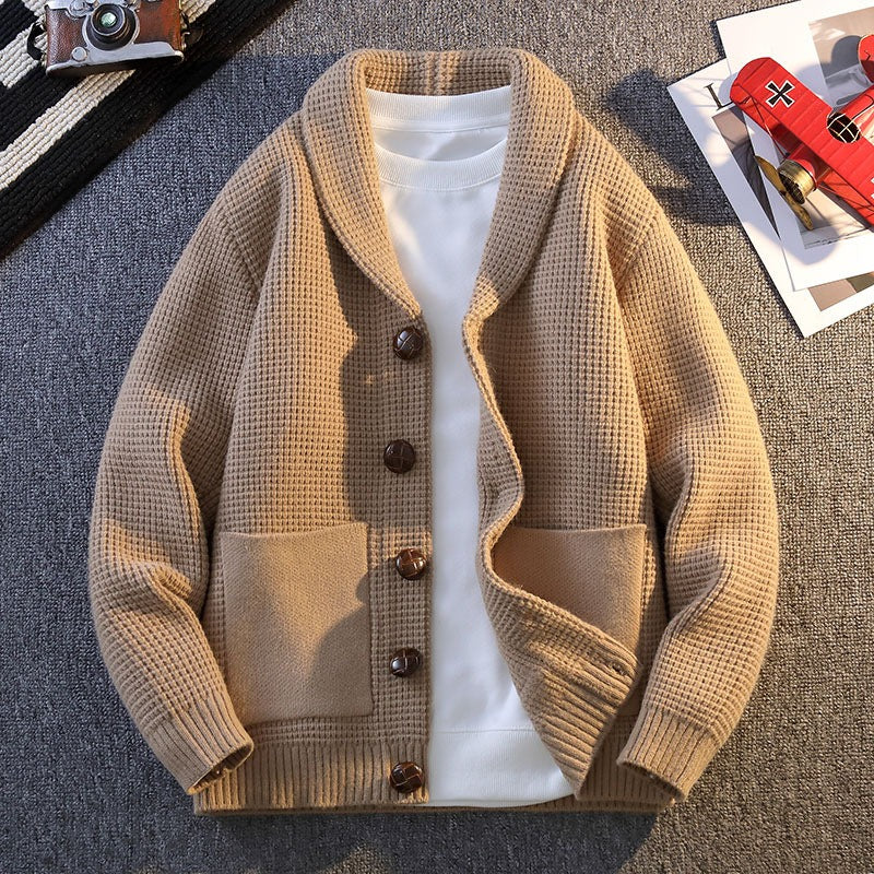Men’s Cardigan – Relaxed Fit – Waffle Knit – Shawl Collar – Button Front – Patch Pockets