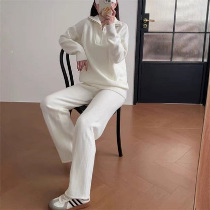 Women’s Two Piece Set – Relaxed Fit – Ribbed Knit – Polo Collar – Quarter-Zip Top