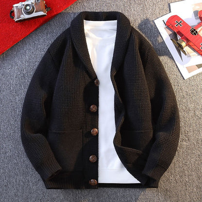 Men’s Cardigan – Relaxed Fit – Waffle Knit – Shawl Collar – Button Front – Patch Pockets