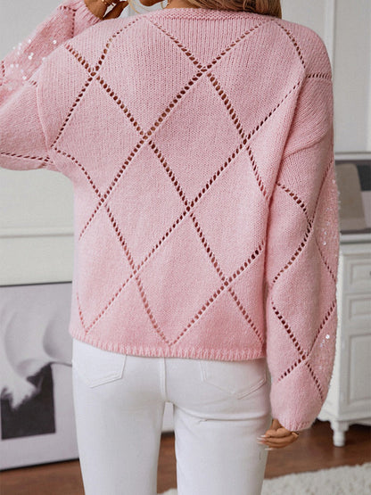 Women’s Knitted Sweatshirt – Relaxed Fit – Sequin Diamond Openwork – Long Sleeve