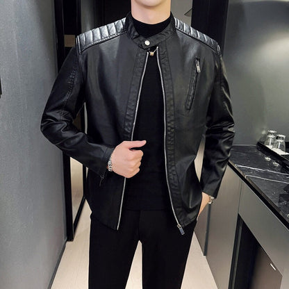 Men’s Motorcycle Jacket – Slim Fit – Stand Collar – Quilted Shoulders – Zipper Pocket