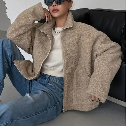 Women’s Jacket – Oversized Sherpa Fleece – Relaxed Fit – Zipper Front – Stand Collar