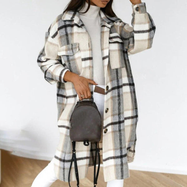 Women’s Checkered Overcoat– Oversized Fit – Wool Blend – Knee Length – Button Front