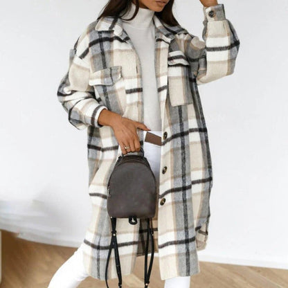 Women’s Checkered Overcoat– Oversized Fit – Wool Blend – Knee Length – Button Front
