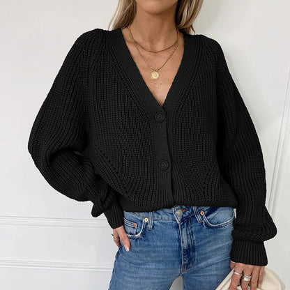 Women’s Cardigan – Chunky Knit – Oversized Fit – V-Neck – Button Front – Ribbed Trim