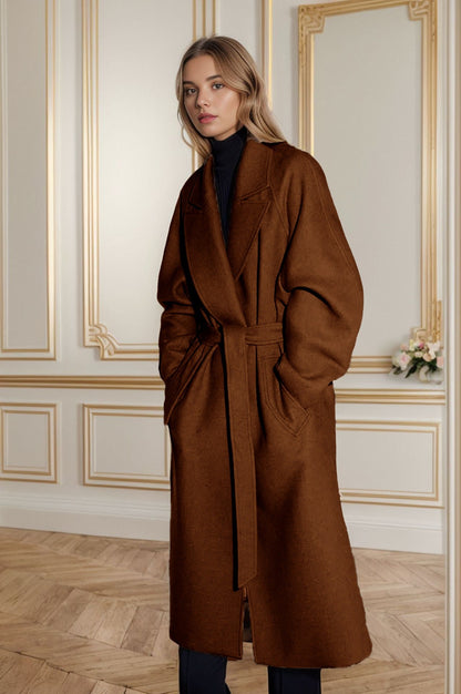 Women’s Trench Coat – Wool – Relaxed Fit – Notched Lapel – Belted – Mid-Calf Length