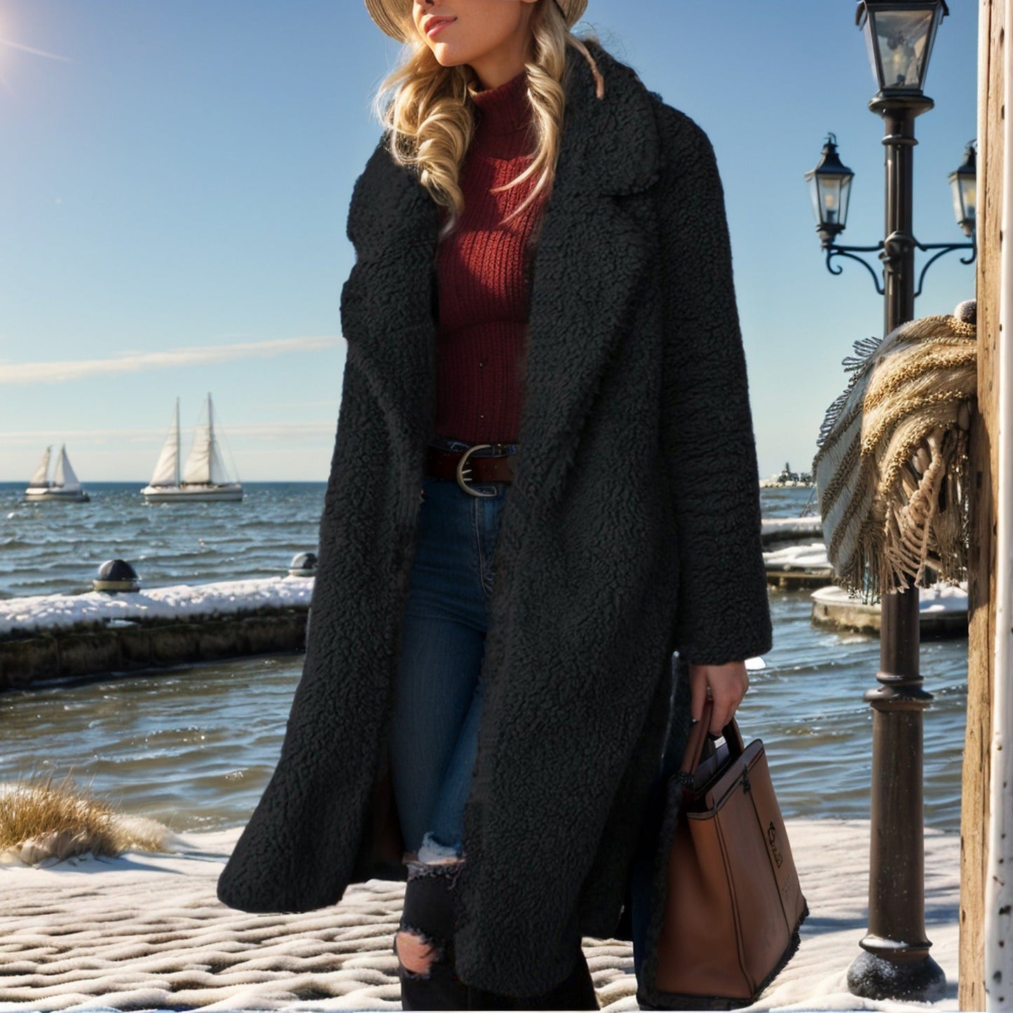 Women’s Overcoat – Relaxed Fit – Plush Textured Fabric – Open Front – Mid-Calf Length