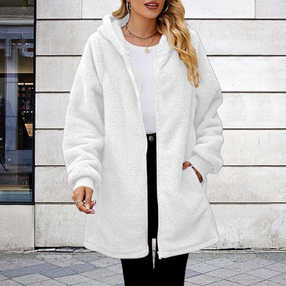 Women’s Hooded Jacket – Plush Fleece – Oversized Fit – Zipper Front – Ribbed Cuffs
