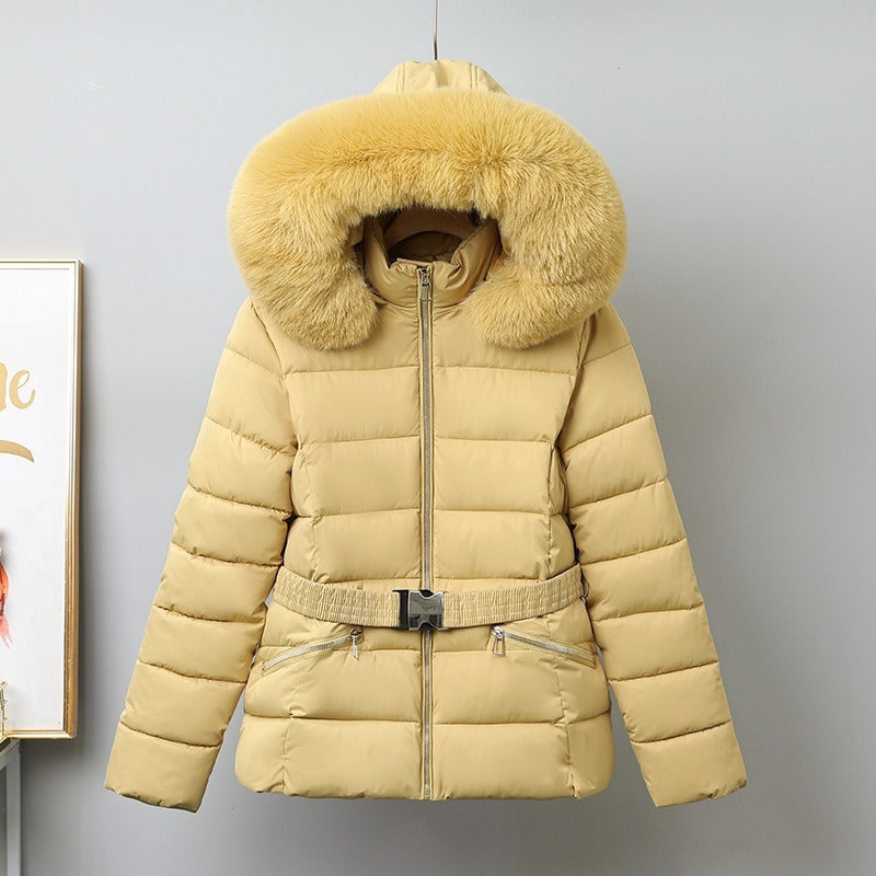 Women’s Puffer Coat – Quilted Insulated – Belted Waist – Removable Fur Hood