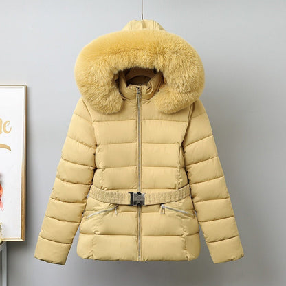 Women’s Puffer Coat – Quilted Insulated – Belted Waist – Removable Fur Hood