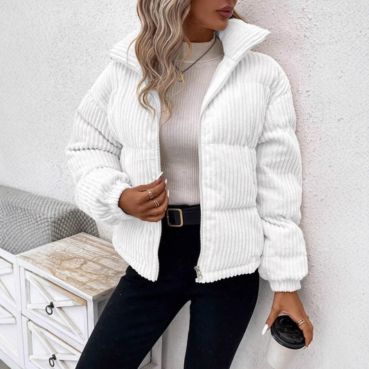 Women’s Jacket – Corduroy Ribbed Texture – Padded – Relaxed Fit – Zipper Front – High Collar