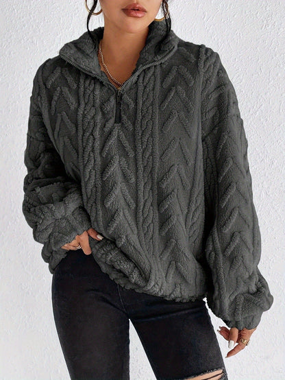 Women’s Sweatshirt – Oversized Relaxed Fit – Plush Chevron Texture – Quarter Zip