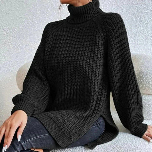 Women’s Pullover Sweater – Oversized Longline Fit – Chunky Knit – Turtleneck Ribbed