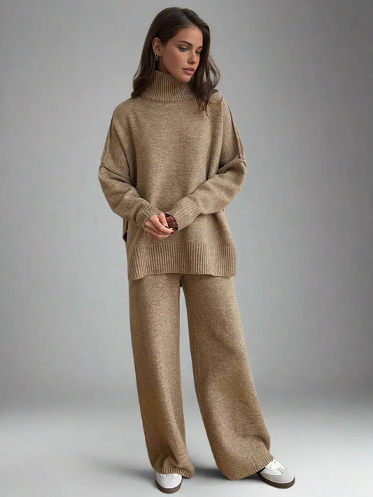 Women’s Lounge Set – Soft Knit – Oversized Fit – Turtleneck Top – Wide-Leg Pants