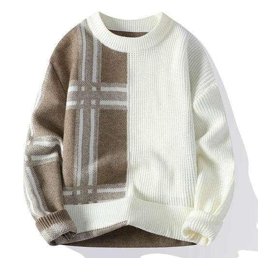 Men’s Crew Neck Sweater– Relaxed Fit – Textured Knit – Patchwork – Full Sleeve