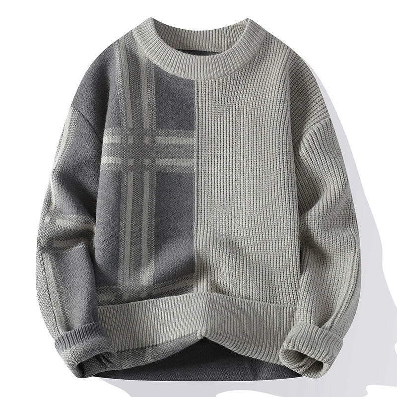 Men’s Crew Neck Sweater– Relaxed Fit – Textured Knit – Patchwork – Full Sleeve