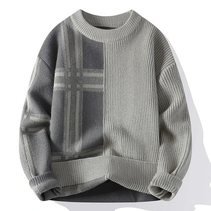 Men’s Crew Neck Sweater– Relaxed Fit – Textured Knit – Patchwork – Full Sleeve