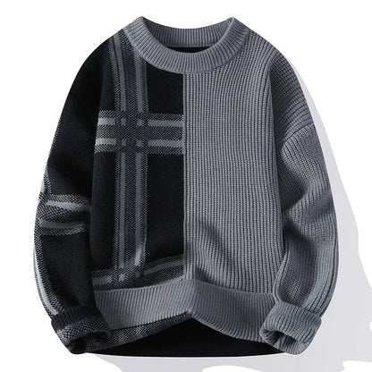 Men’s Crew Neck Sweater– Relaxed Fit – Textured Knit – Patchwork – Full Sleeve