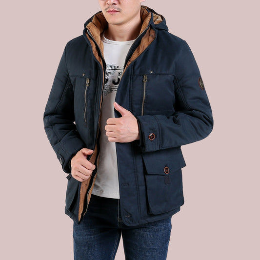 Men’s Mid-Length Padded Jacket – Insulated – Stand-Up Collar – Fixed Hood – Utility Pockets