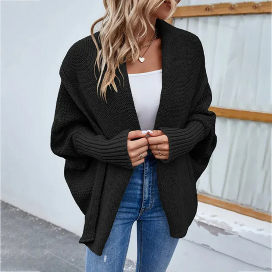 Women’s Knit Cardigan – Oversized Fit – Chunky Texture – Open Front – Ribbed Trim