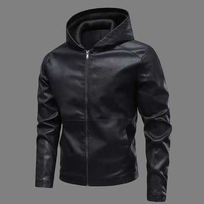 Men’s Hooded Jacket – Slim Fit – Leather-Like Material – Panel Design – Full Zip – Hip Length