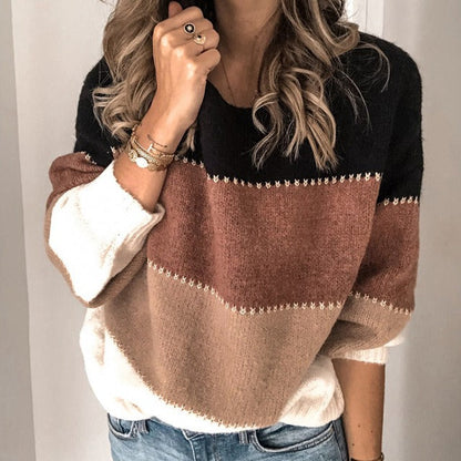Women’s Pullover Sweater – Relaxed Fit – Wool Knit – Long Sleeve – Striped Pattern