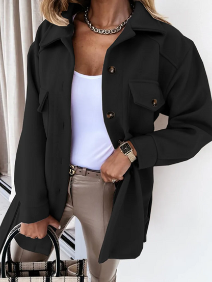 Women’s Shacket Jacket – Oversized Relaxed Fit – Longline Wool Blend – Chest Pockets