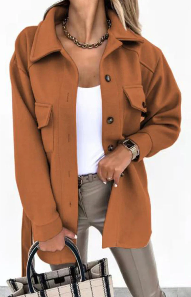 Women’s Shacket Jacket – Oversized Relaxed Fit – Longline Wool Blend – Chest Pockets