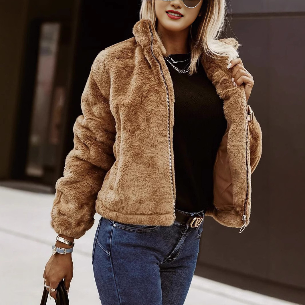 Women’s Fleece Jacket – Faux Leather – Plush Texture – Zipper Front – High Collar – Relaxed Fit