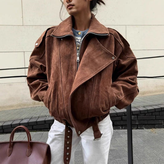 Women’s Bomber Jacket – Oversized Fit – Suede-Like Texture – Asymmetrical Zipper – Strap Details
