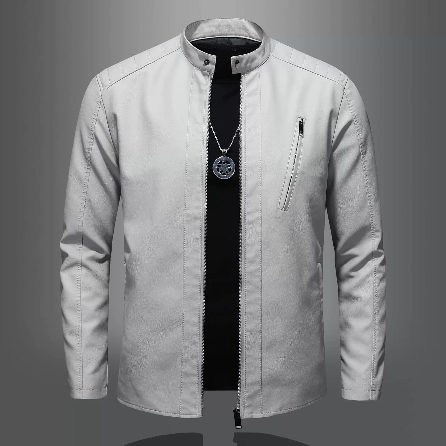 Men’s Motorcycle Jacket – Slim Fit – Stand Collar – Quilted Shoulders – Zipper Pocket