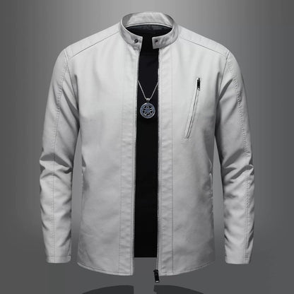 Men’s Motorcycle Jacket – Slim Fit – Stand Collar – Quilted Shoulders – Zipper Pocket