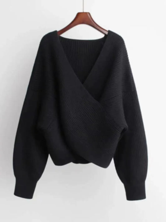 Women’s Sweatshirt – Oversized Fit – Ribbed Knit – V-Neck – Balloon Sleeves