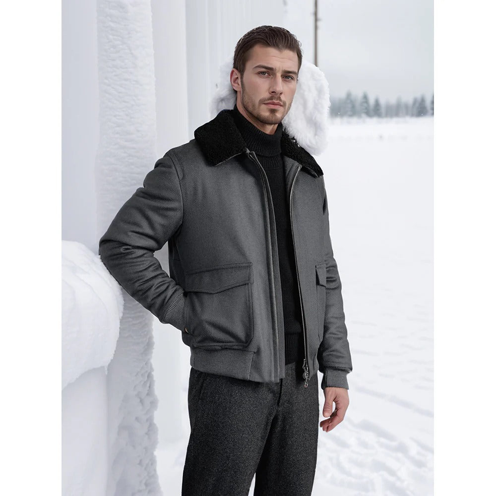 Men’s Bomber Jacket – Wool Blend – Shearling Collar – Two-Way Zipper – Ribbed Trim