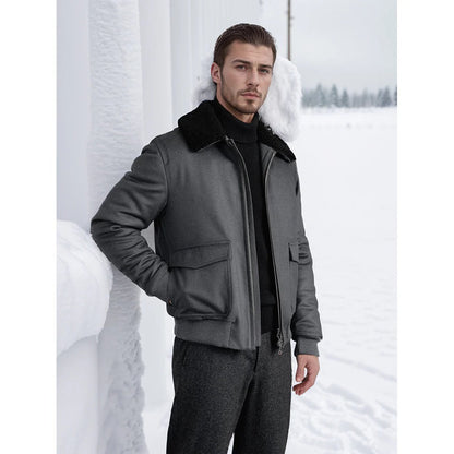 Men’s Bomber Jacket – Wool Blend – Shearling Collar – Two-Way Zipper – Ribbed Trim